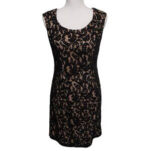 Adrianna Papell Embroidered Lace Overlay Sheath Dress Size‎ 10 Black & Gold/Nude